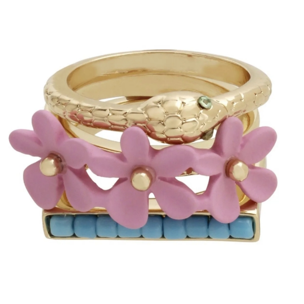 New! BETSEY JOHNSON Gold Tone Exotic Floral 3 Piece Ring Set. Size 7.5